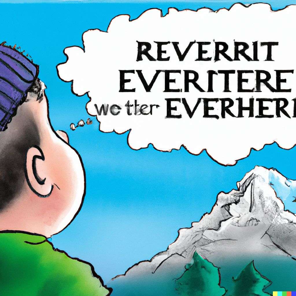 someone gazing at Mount Everest, cartoon